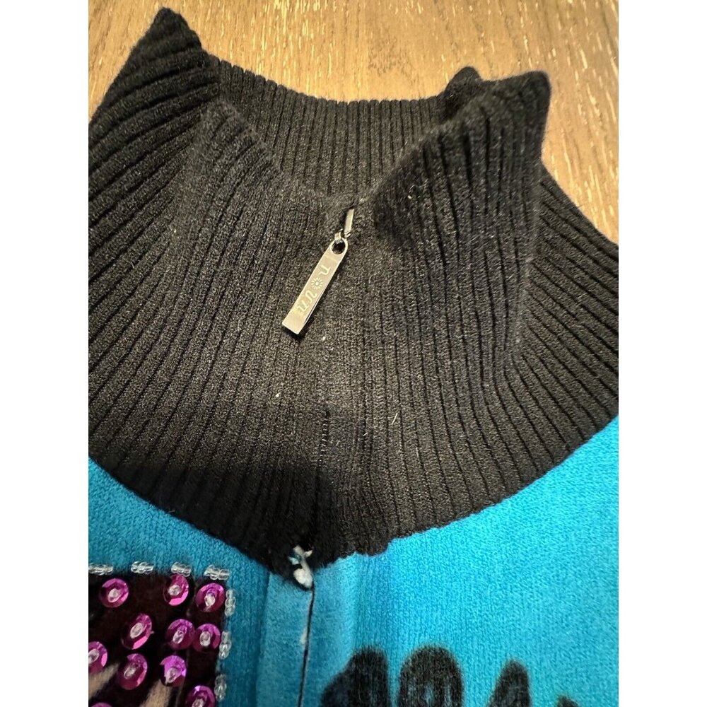 vtg noun Paris full zip cardigan Sweater Jacket Sequin Pin Up Girl Aqua Retro To - Picture 5 of 14